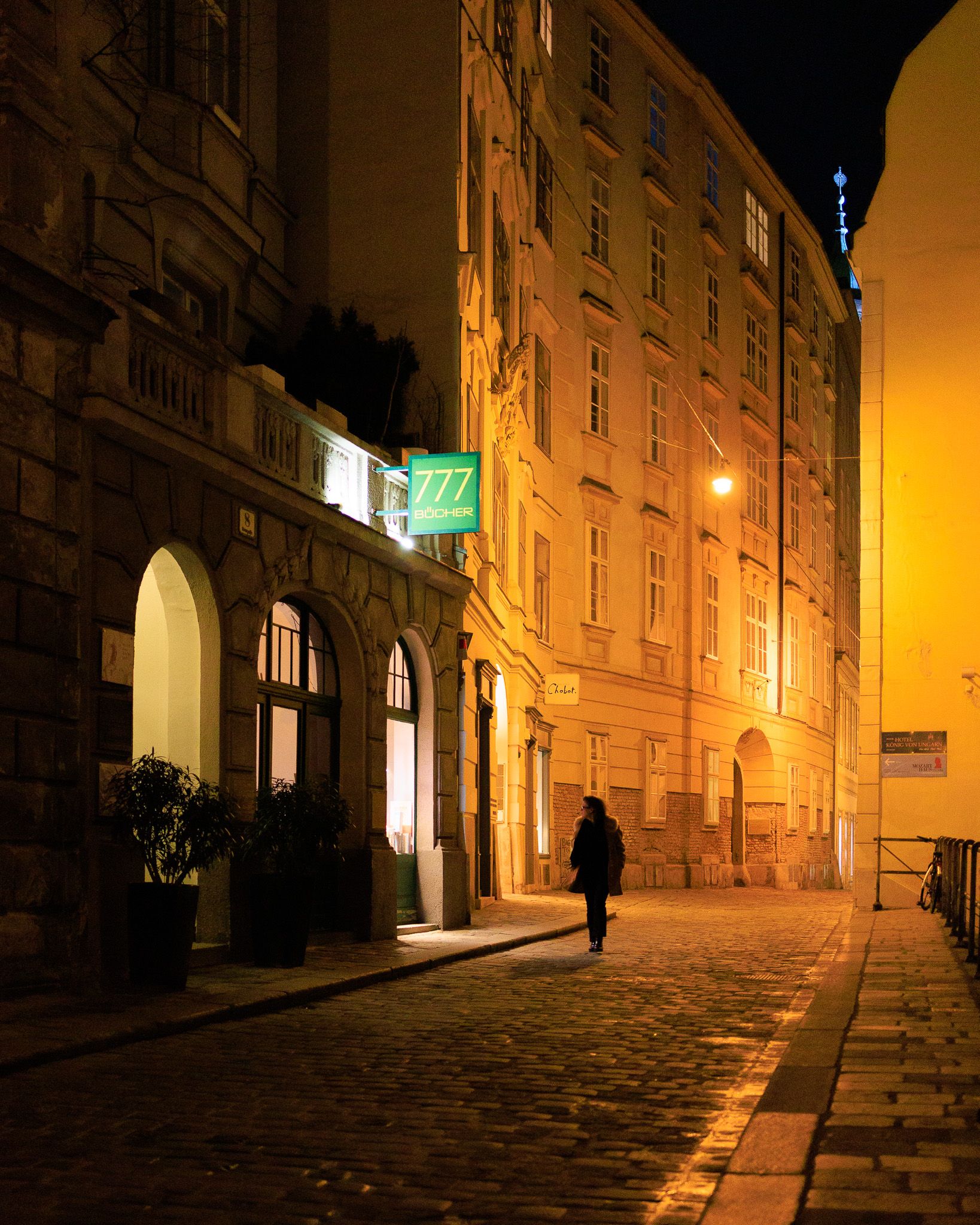 Historic Viennese street lit by golden streetlamps with a solitary walker